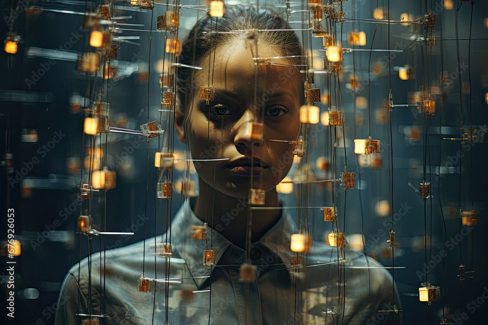 Aufkleber Woman with digital data exploding from mind in cyber environment. Portrait of a woman surrounded by an illuminated digital art installation, featuring suspended lights and geometric shapes.