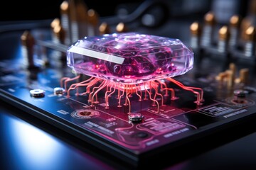 High-tech cybernetic organism displayed on a circuit board with glowing lights.