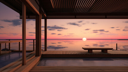 Wooden Japanese balcony extending over the sea with soft sunset colors in the horizon Ai Generative