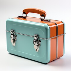 A blue and orange suitcase on a white surface, retro metal lunchbox