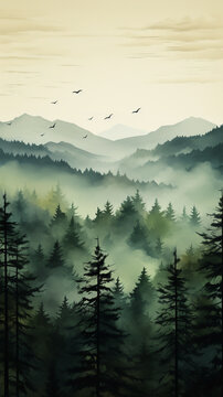 Fine forest and misty mountain landscape image with flying birds vertical alignment 