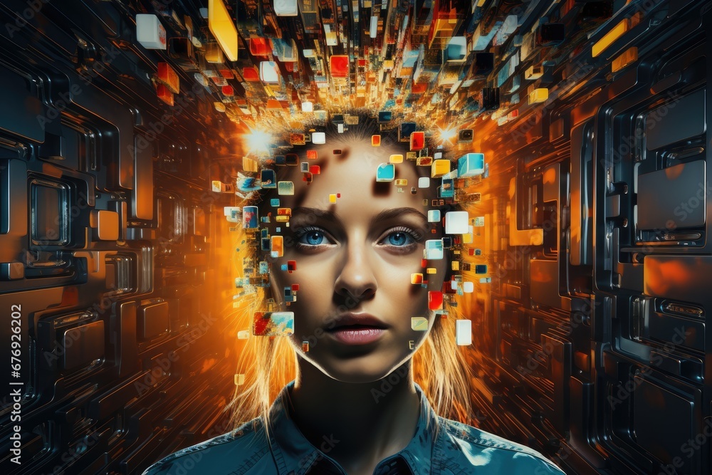 Poster Woman with digital data exploding from mind in cyber environment. Woman with Data-Stream Mind in Virtual Realm