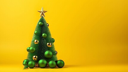 Christmas tree with golden star and green balls on a yellow background.