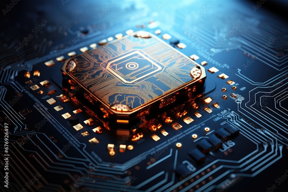 Poster high-tech microchip on blue circuitry