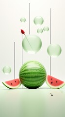 A bunch of watermelons are floating in the air, surreal fruits and glass objects.