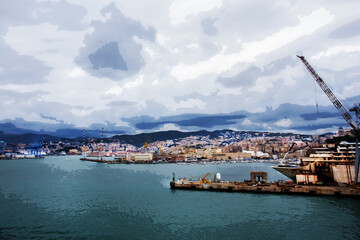 Cityscape of Genoy from the Sea: Harbour of Genoa