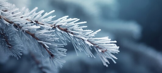 Christmas snowy winter holiday celebration greeting card - Closeup of frozen pine branch and snow, defocused blurred background with blue sky and snowflakes
