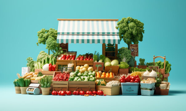 stand de vente de fruits et légumes, style rendu 3D, fond bleu