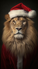 Realistic portrait of a lion in Santa clothes. Dramatic lighting.