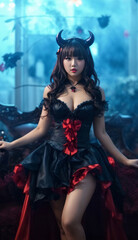Fototapeta premium Beautiful Asian sexy woman in a demon costume. Halloween festival concept. Female in a demon cosplay. Dark mood Halloween poster.