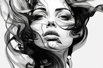 Beauty, fashion, make-up and art concept. Beautiful woman portrait sketch style drawing. Model face drawn with black ink lines style. Black and white illustration - obrazy, fototapety, plakaty