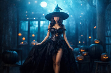 Beautiful Asian sexy woman in a black witch costume. Halloween festival concept. Female in a witch cosplay. Dark mood Halloween poster.