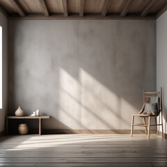 grey wall in a room for mockup and wood floor. Natural light from windows