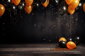 Fotobehang Fête d'anniversaire, arrière-plan festif avec des ballons et un arrière-plan noir © David Giraud