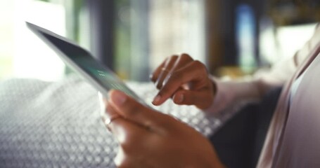 Tablet screen, password and hands of woman closeup on sofa with locked, cyber security or pin at home. Digital, access and female with safety app code, protection or privacy settings for social media