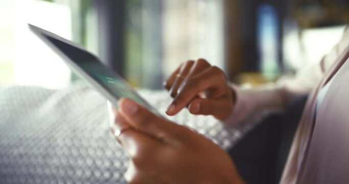 Tablet screen, password and hands of woman closeup on sofa with locked, cyber security or pin at home. Digital, access and female with safety app code, protection or privacy settings for social media