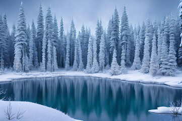 Fototapeta na wymiar Winter forest landscape, river trees, snowy atmospheric beautiful trees, Generative AI