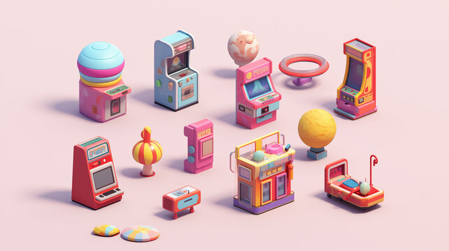 Retro Playtime, 3D Brushwork Collection of Toys and Arcade Machine with Surreal Candycore.