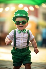 Irish baby on Saint Patrick's Day, in a green hat, glasses, and suspenders, at the parade