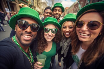 Group of friends taking a selfie at the Saint Patrick Day Parade in green hats, drinking