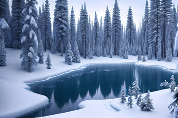 Winter forest landscape, river trees, snowy atmospheric beautiful trees, Generative AI