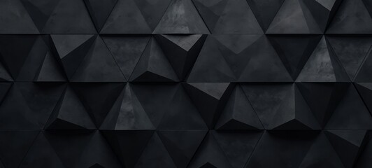 Abstract 3d texture, black concrete cement wall background, faceted texture, macro panorama, wide panoramic polygonal wallpaper