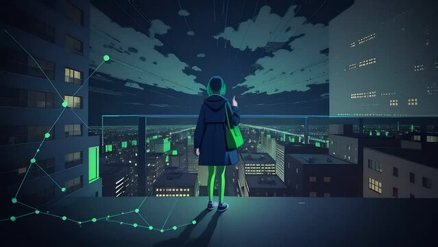 Seamless loop animation. lofi girl full body standing at balcony looking at city night lights Generative AI seamless loop animation animation. Created using Generative AI Technology