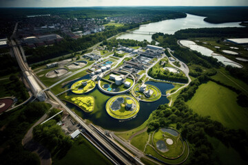 A cityscape with a river and park, seen from above, showcasing the wastewater treatment plant