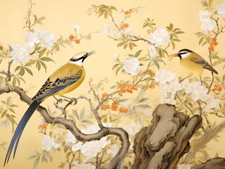 A beautiful asian, chinese art painting. Blossoming gardens, trees and birds. Beautiful asian landscape