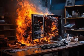 A blazing computer causing chaos in a fiery room