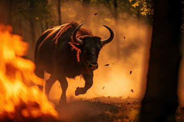 A strong forest fire, a bull in a panic runs away from the flame