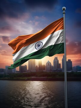 The tricolor flag of India waving in the wind completely intact with a modern Indian city in the background, highly realistic photograph, generative ai