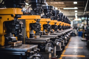 A busy industrial warehouse filled with rows of machinery and equipment