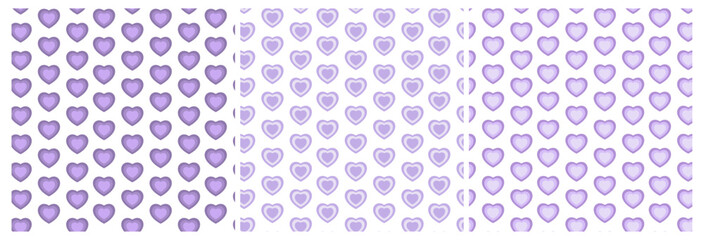 3 seamless patterns with hearts in purple shades. Vector illustration isolated on white background