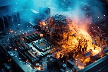 An intense blaze engulfing a computer motherboard in a manufacturing facility