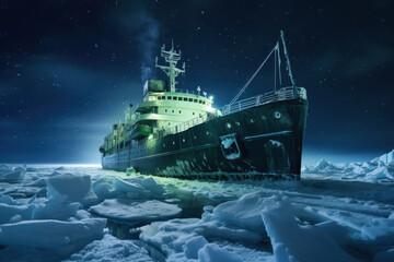 ship sails through the ice of the Arctic Ocean, polar night,northern lights,view from the water level