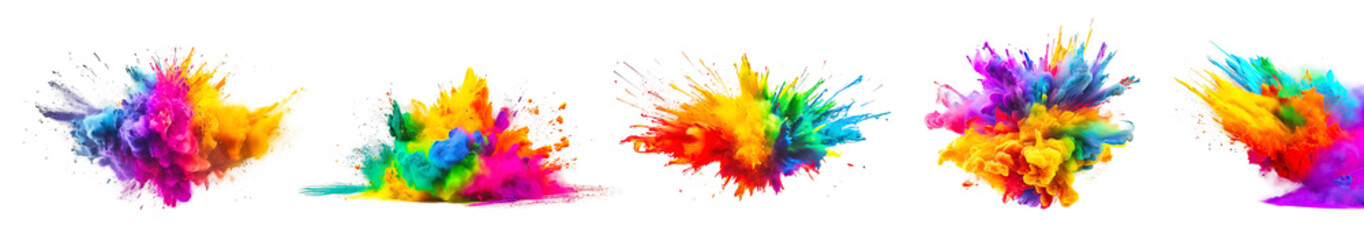 Powerful explosion of colorful rainbow holi powder on transparent background. Colorful splash. Collection of saturated paint backdrops, powder splash.