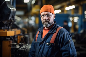 A worker in a factory wearing a distinctive orange hat and glasses