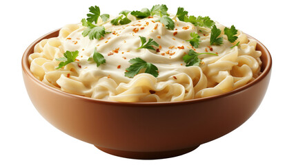 Fettuccine Alfredo pasta in a bowl isolated on transparent background