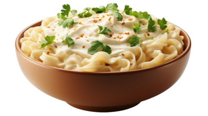 Fettuccine Alfredo pasta in a bowl isolated on transparent background
