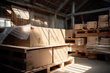 Photo of a warehouse filled with boxes and pallets