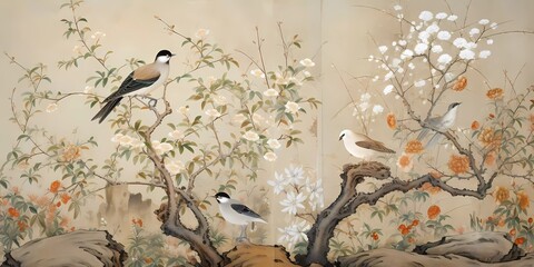 A beautiful asian, chinese art painting. Blossoming gardens, trees and birds. Beautiful asian landscape - obrazy, fototapety, plakaty