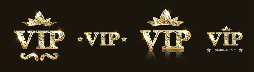 Set of golden glittering vip icons on black background. Very important person. Symbol of exclusivity for luxury design. Vector illustration - obrazy, fototapety, plakaty