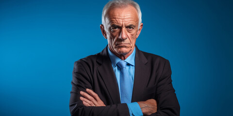 Older, Elegant Man in a Business Suit Poses Gracefully Against a Serene Blue Background, Symbolizing Timeless Sophistication and Authority, AI generated