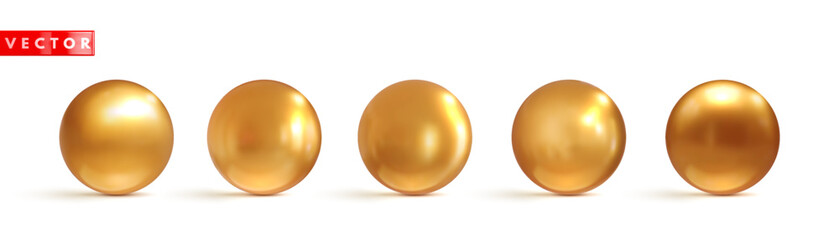 Set of golden 3d spheres ball realistic style. Golden glossy beads isolated on white background. 3d elements for design. Vector illustration