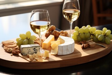 Romantic Evening. Exquisite Starter Selection, Cheese Assortment Plate Grapes and White Wine Pairing