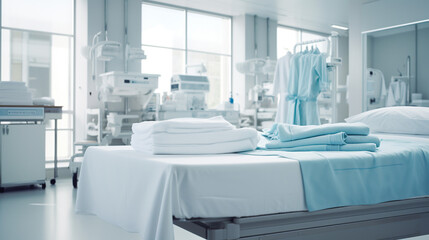 Clothes and white bed linen are disinfected on a hospital bed. ai generative