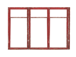 Old big red wooden window frame with six sashes isolated on transparent background.	