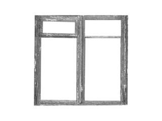 Old gray wooden window frame with four sashes isolated on transparent background.	