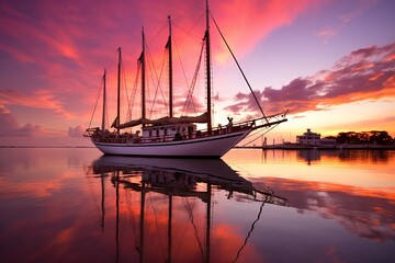 Sailing yacht at sea. vibrant sunset the sky with hues of orange and pink, soft glow over of the sea